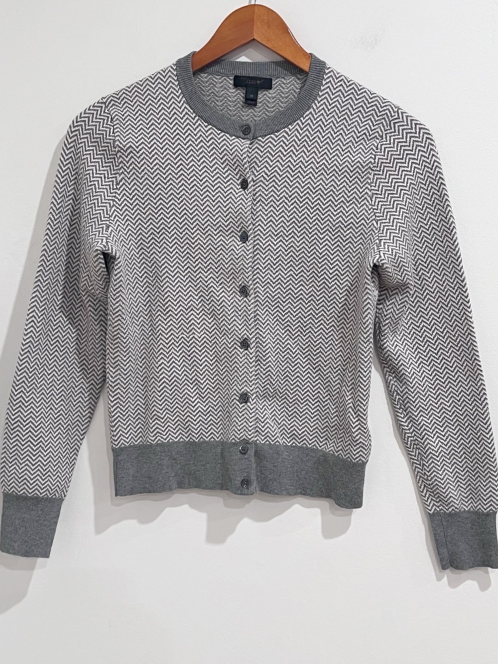 EUC J. Crew Grey and White Chevron Button-Up Crew Neck Cotton Cardigan